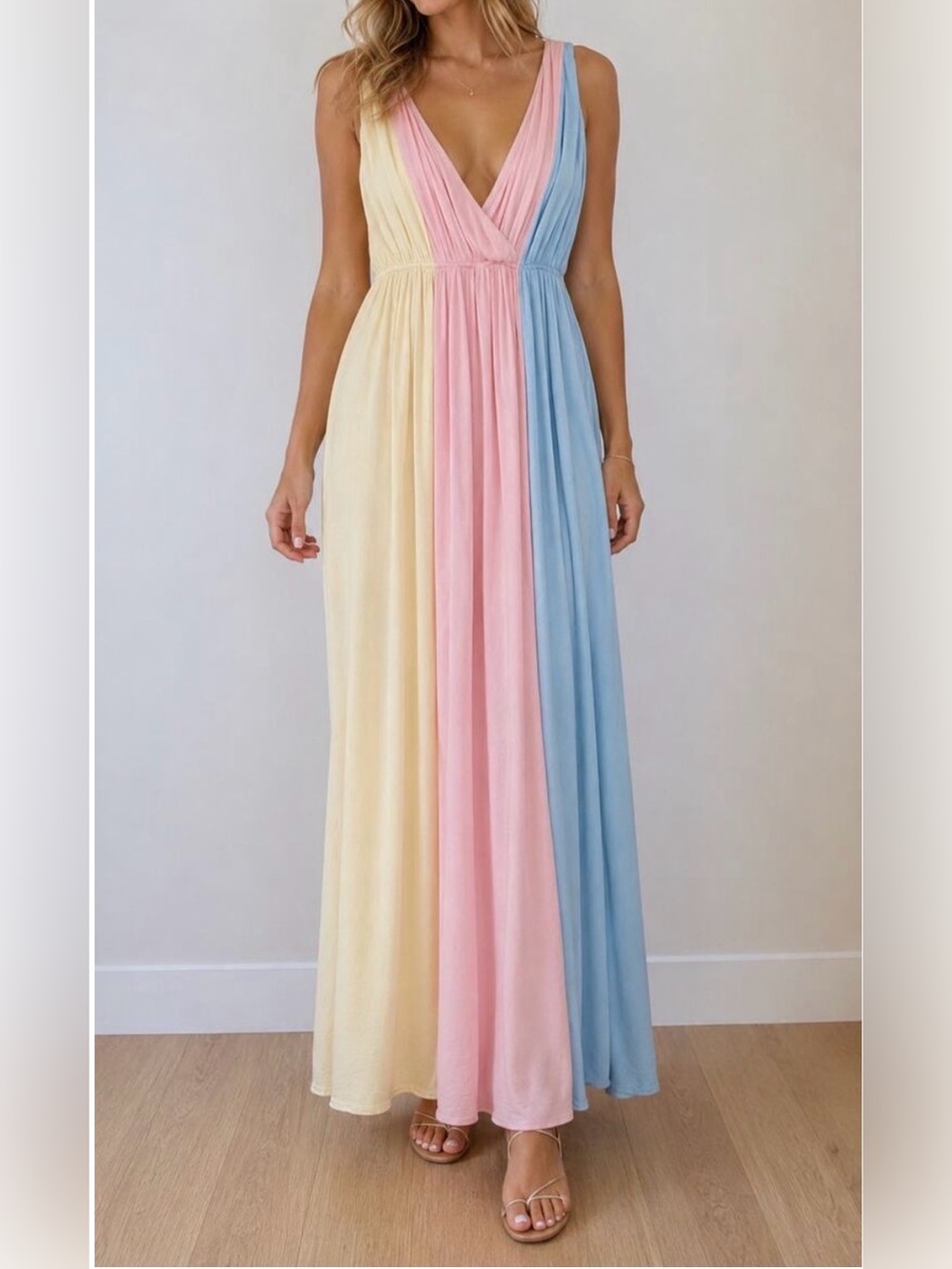 Pastel Panel Maxi Dress with V-Neck
